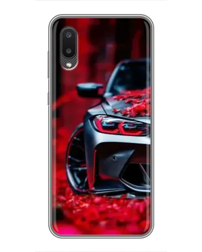 Чехол для Samsung Galaxy A02 с картинкой «Спортивная BMW и цветы»