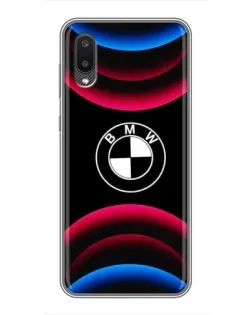 Чехол для Samsung Galaxy A02 с картинкой «Логотип BMW и неоновые дуги»