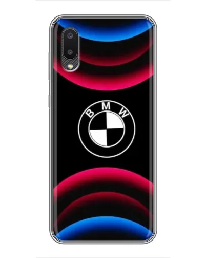 Чехол для Samsung Galaxy A02 с картинкой «Логотип BMW и неоновые дуги»