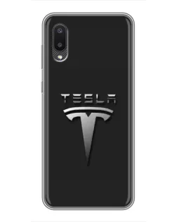 Чехол для Samsung Galaxy A02 с картинкой «Стальной логотип Tesla»