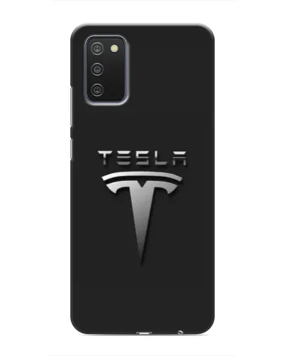 Чехол для Samsung Galaxy A02s с картинкой «Стальной логотип Tesla»