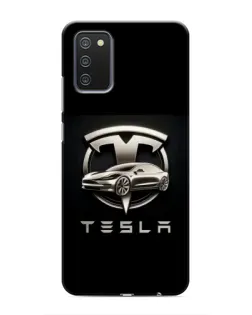 Чехол для Samsung Galaxy A02s с картинкой «Tesla — серебристое авто»