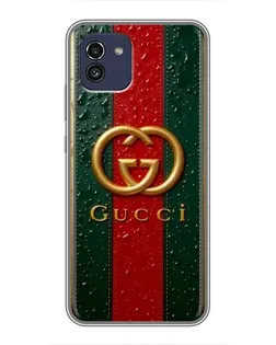 Чехол для Samsung Galaxy A03 (A035) с картинкой «Gucci — фирменная полоса и золото»