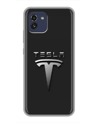 Чехол для Samsung Galaxy A03 (A035) с картинкой «Стальной логотип Tesla»