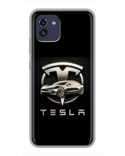 Чехол для Samsung Galaxy A03 (A035) с картинкой «Tesla — серебристое авто»