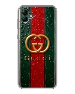 Чехол для Samsung Galaxy A04 с картинкой «Gucci — фирменная полоса и золото»