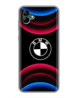 Чехол для Samsung Galaxy A04 с картинкой «Логотип BMW и неоновые дуги»