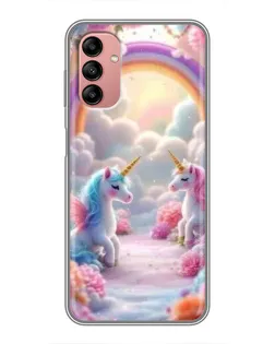 Чехол для Samsung Galaxy A04s с картинкой «Радуга и единороги»