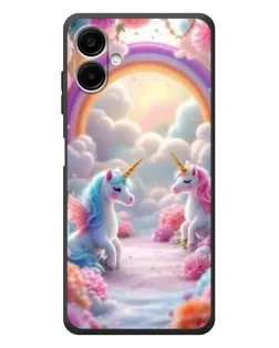 Чехол для Samsung Galaxy A08 с картинкой «Радуга и единороги»