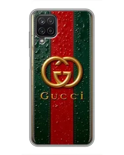 Чехол для Samsung Galaxy A12 с картинкой «Gucci — фирменная полоса и золото»