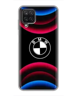 Чехол для Samsung Galaxy A12 с картинкой «Логотип BMW и неоновые дуги»