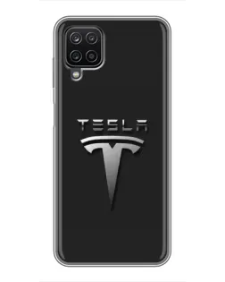 Чехол для Samsung Galaxy A12 с картинкой «Стальной логотип Tesla»