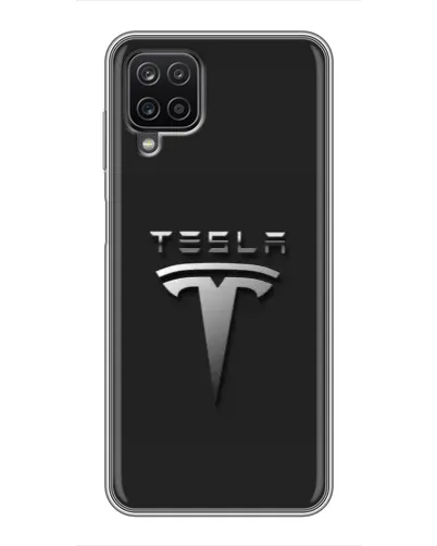 Чехол для Samsung Galaxy A12 с картинкой «Стальной логотип Tesla»