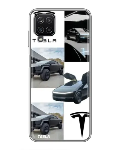 Чехол для Samsung Galaxy A12 с картинкой «Коллаж Cybertruck Tesla»