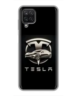 Чехол для Samsung Galaxy A12 с картинкой «Tesla — серебристое авто»