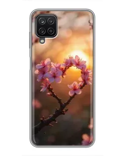 Чохол для Samsung Galaxy A12 з картинкою «Рожевий цвіт  сердечко на тлі заходу»