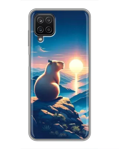 Чехол для Samsung Galaxy A12 с картинкой «Закат солнца с капибарой»