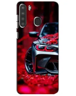 Чехол для Samsung Galaxy A21 (A215) с картинкой «Спортивная BMW и цветы»