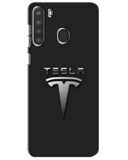 Чехол для Samsung Galaxy A21 (A215) с картинкой «Стальной логотип Tesla»