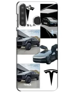 Чехол для Samsung Galaxy A21 (A215) с картинкой «Коллаж Cybertruck Tesla»