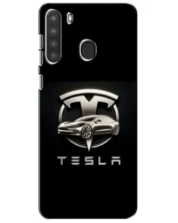 Чехол для Samsung Galaxy A21 (A215) с картинкой «Tesla — серебристое авто»