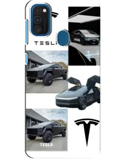 Чехол для Samsung Galaxy A21s с картинкой «Коллаж Cybertruck Tesla»