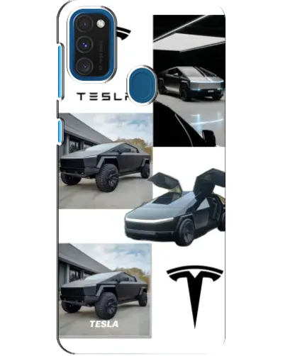 Чехол для Samsung Galaxy A21s с картинкой «Коллаж Cybertruck Tesla»