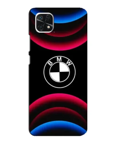 Чехол для Samsung Galaxy A22 5G с картинкой «Логотип BMW и неоновые дуги»