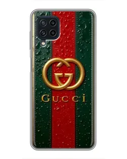 Чехол для Samsung Galaxy A22 с картинкой «Gucci — фирменная полоса и золото»