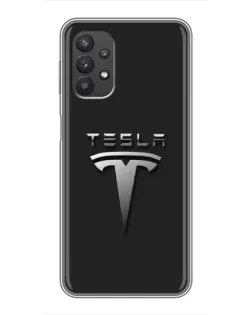 Чехол для Samsung Galaxy A32 с картинкой «Стальной логотип Tesla»