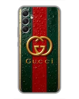 Чехол для Samsung Galaxy A34 с картинкой «Gucci — фирменная полоса и золото»