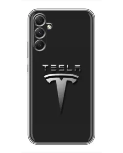 Чехол для Samsung Galaxy A34 с картинкой «Стальной логотип Tesla»