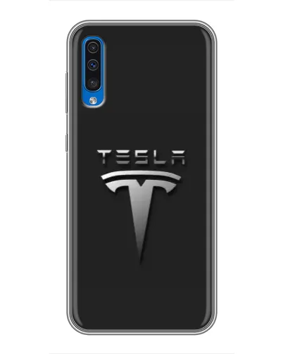 Чехол для Samsung Galaxy A50 2019 (A505F) с картинкой «Стальной логотип Tesla»