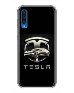 Чехол для Samsung Galaxy A50 2019 (A505F) с картинкой «Tesla — серебристое авто»