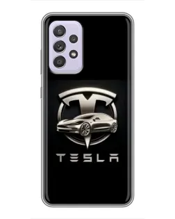 Чехол для Samsung Galaxy A52 с картинкой «Tesla — серебристое авто»
