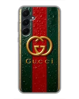 Чехол для Samsung Galaxy A55 с картинкой «Gucci — фирменная полоса и золото» Чехол для Samsung Galaxy A55 с картинкой «Gucci — фирменная полоса и золото»