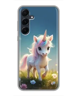 Чехол для Samsung Galaxy A55 с картинкой «Единорог на поляне»