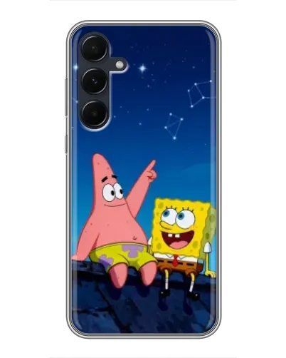 Чехол для Samsung Galaxy A55 с картинкой «Губка Боб и Патрик ночью»