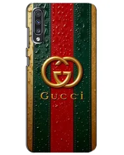 Чехол для Samsung Galaxy A70 2019 (A705F) с картинкой «Gucci — фирменная полоса и золото»