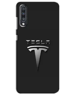 Чехол для Samsung Galaxy A70 2019 (A705F) с картинкой «Стальной логотип Tesla»