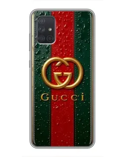 Чехол для Samsung Galaxy A72 с картинкой «Gucci — фирменная полоса и золото»