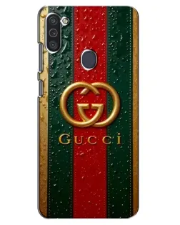 Чехол для Samsung Galaxy M11 с картинкой «Gucci — фирменная полоса и золото»