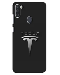 Чехол для Samsung Galaxy M11 с картинкой «Стальной логотип Tesla»