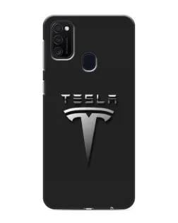 Чехол для Samsung Galaxy M21 с картинкой «Стальной логотип Tesla»