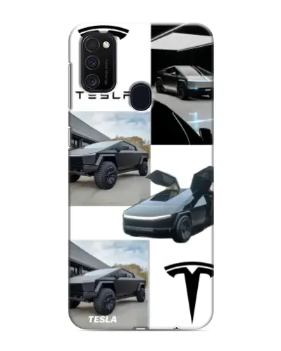 Чехол для Samsung Galaxy M21 с картинкой «Коллаж Cybertruck Tesla»