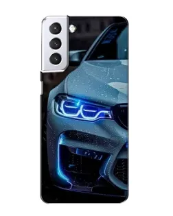 Чехол для Samsung Galaxy S21 с картинкой «Взгляд BMW с синими фарами»