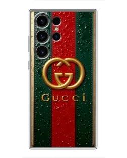 Чехол для Samsung Galaxy S22 Ultra с картинкой «Gucci — фирменная полоса и золото»