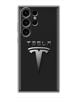 Чехол для Samsung Galaxy S22 Ultra с картинкой «Стальной логотип Tesla»
