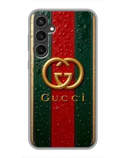 Чехол для Samsung Galaxy S23 FE с картинкой «Gucci — фирменная полоса и золото»