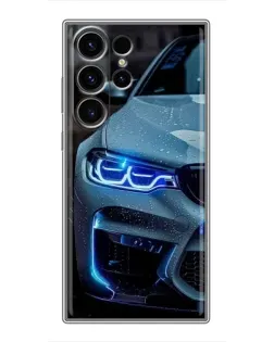Чехол для Samsung Galaxy S23 Ultra с картинкой «Взгляд BMW с синими фарами»